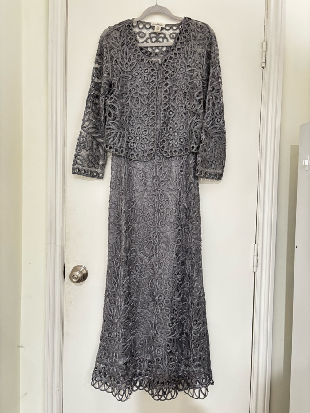 Soulmates formal beaded crocheted silk event party silver dress and jacket set